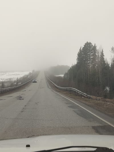 The image depicts a view from inside a vehicle, facing forward onto a road in what appears to be a rural or sparsely populated area. The road is asphalt, showing signs of wear and repair, with patches and cracks visible in the pavement. A single vehicle is seen in the distance, driving towards the camera. Dense fog obscures the distance, making it difficult to discern the landscape further down the road. To the right of the road is a line of trees, and a roadside guardrail can be seen running parallel to the road's edge. To the left, the ground slopes away from the road, revealing a field with patches of snow. The sky is overcast and grey, contributing to the overall impression of a misty, cold day. The image is taken from within a vehicle, as evidenced by the dashboard and a portion of the windshield at the bottom of the frame. Based on the location provided, the image may be from Gol'yany, Russia, or the surrounding area. The scene shows no people directly visible in the image.