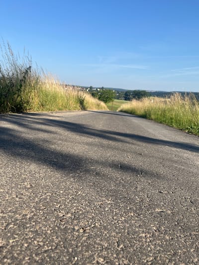 The image depicts a low-angle, close-up view of an asphalt road leading uphill. Tall, dry grass lines the sides of the road. In the distance, the landscape transitions to rolling hills with scattered trees and a small village. The sky is clear and blue, indicating fair weather. The scene appears to be located in the countryside, possibly on the outskirts of Momberg, Germany, given the description provided. There are no people or animals visible in the frame. The sunlight casts long shadows across the road from an unseen object, likely a person or a structure to the left of the frame. The focus is primarily on the texture of the asphalt and the encroaching vegetation, with the distant scenery serving as a backdrop.