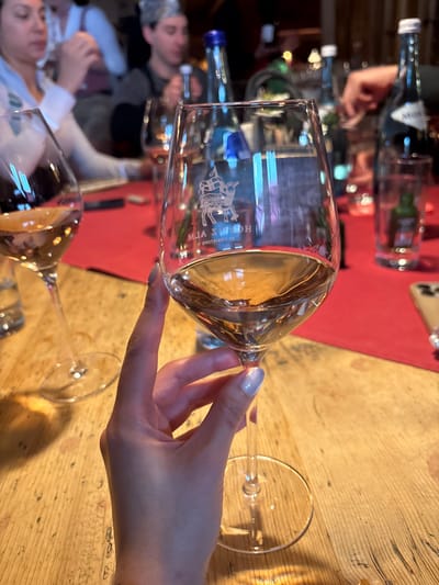 The image depicts an indoor scene at the Hospiz Alm in St. Christoph, Austria, focusing on a light-skinned hand holding a clear, stemmed wine glass filled with light rosé-colored liquid. The glass prominently displays the white, inverted logo "HOSPIZ ALM ST. CHRISTOPH". The hand exhibits light-colored manicured fingernails. The setting is a rustic wooden table partially covered by a red fabric runner. To the left, another wine glass, also containing liquid, is visible. In the blurred background, several individuals are seated around the table; a woman with dark hair and a light top is visible on the left, looking to her right, and a man with a head covering is seated behind her. The table also holds multiple additional blurred wine glasses, several water bottles (one with a blue cap, another with a partially visible 'MER...' label), a green bottle, and a partial view of a light-colored mobile phone on the right. Warm, diffused lighting illuminates the scene, creating reflections on the glassware.