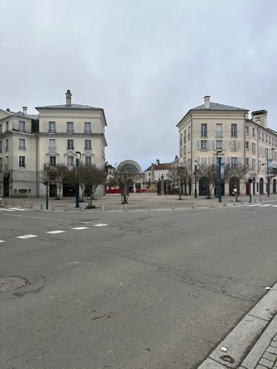 This image depicts an urban plaza and intersecting roads in Serris, France, specifically the Place de Toscane in the Val d'Europe area, under an overcast sky.

The foreground is dominated by a gray asphalt road surface with faint white crosswalk markings and other linear tire scuff marks. A circular metal manhole cover is visible on the left side of the road, and a concrete curb lines the right edge.

Beyond the road, a large, empty paved plaza extends into the midground. The plaza perimeter is marked by numerous short, light-colored cylindrical bollards. Several small, deciduous trees, currently without foliage, are sparsely planted throughout the plaza. In the center-right of the plaza, a multi-tiered, light-colored stone fountain structure is visible. Further back, a red barrier or fence-like structure spans across the plaza.

The background features multi-story buildings with light cream-colored facades and dark gray mansard roofs. The prominent building on the left has four visible stories with rectangular windows, some featuring small iron balconies. Its ground floor contains dark recessed entrances or windows. The building on the right, also multi-storied, has similar architecture with windows, some equipped with light-colored shutters, and arched openings on its ground level. A white scooter or moped is parked on the sidewalk near the right building.

In the central background, beyond the immediate buildings, a large, distinctive semi-circular glass dome structure is visible. Additional buildings with similar architectural styles are visible behind and to the right of the dome. Streetlights are positioned on both sides of the plaza near the road, and blue banners are affixed to poles on the right sidewalk. No individuals are present in the scene. The leafless trees suggest a late autumn, winter, or early spring season.