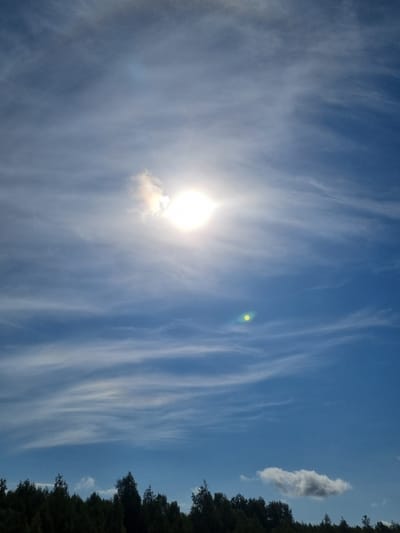 The image shows a daytime view of a bright, sunlit sky. Wispy, streaky cirrus clouds are visible throughout the frame, dominating the blue background. The sun is a brilliant, overexposed point of light, partially obscured by a small cloud. A faint green lens flare appears near the center. A line of dark green trees are visible along the right edge of the image. The image does not provide any information about the location within Kemul, Russia. There are no people, subjects, objects, actions, or interactions visible.