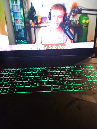 A laptop is open, displaying a video stream on its screen. The stream shows a young person wearing headphones, a microphone in front of them, and a green, pickle-like figure in the background. Text overlays on the screen read "Daily Sub Goal". The laptop keyboard is illuminated with green backlighting. The overall scene suggests a home office or gaming setup. There is no indication of the city of Versailles, France, or any specific location within it.