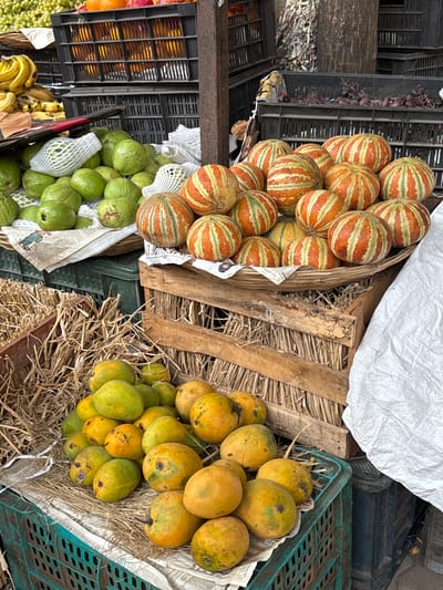 The image depicts a fruit vendor's stall in Ambernath, India. Various fruits are arranged in crates and baskets: melons with orange and green stripes, green guavas wrapped in protective netting, and mangoes in shades of green and yellow. Straw is used as cushioning for the mangoes in a crate. The fruits are placed on a makeshift wooden structure, with some items sitting on top of black and green plastic crates. A white cloth is partially covering one of the wooden crates. Newspaper is used as padding under some fruits. Other bananas and grapes are seen on the right and left edges of the shot.