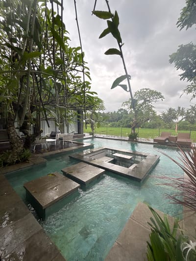 An outdoor pool area is seen under a cloudy sky. The pool features a stepped, geometric design. Dense greenery surrounds the scene, with trees framing the sky. A few chairs sit near the pool. Water flows through the pool's levels, creating a soothing visual element. The overall atmosphere evokes tranquility and natural beauty.
