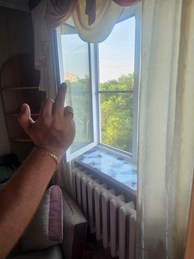 A person's left arm and hand are visible in the foreground, holding up a middle finger. The hand has a ring on the ring finger and a gold bracelet on the wrist. The arm is positioned in front of a window, through which lush green trees and a building can be seen. The window has a white frame and is partially open. The room appears to be an interior, with a radiator visible below the window. A beige curtain hangs on the right side of the window, and a draped valance hangs above. The overall impression is that of an indoor space with a view of the outdoors.