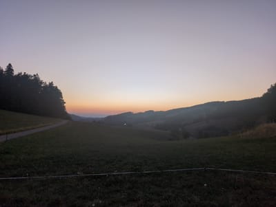 The image depicts a twilight landscape with a clear, gradient sky transitioning from pale purple at the top to soft orange and pink near the horizon. In the foreground, a dark grassy field is visible, with a thin white electric fence running horizontally. To the left, a paved path winds upwards alongside a dark silhouette of coniferous trees. The background features rolling hills covered in dark foliage, with faint hints of structures and scattered trees, suggesting a rural or semi-rural environment. The scene is set in the city of St. Peter, Germany, likely during either dawn or dusk. There are no people or animals visible in the image. The overall atmosphere is serene and natural.
