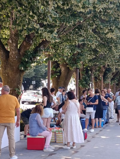 The image captures a sunny outdoor scene in Terras de Bouro, Portugal, featuring a group of people gathered along a tree-lined street. The foreground is dominated by a large tree with a textured brown trunk and dense green and white foliage. In the middle ground, a white car is parked on the street, with its rear facing the viewer. A line of people, diverse in age and gender, are standing on the sidewalk. They are dressed in casual summer clothing, with some individuals holding bags or looking at their phones.
A woman in a long, light-colored dress with a patterned design is the most prominent figure in the center, facing away from the camera and towards the line of people. To her left, a woman in a black tank top and white shorts stands with her back to the viewer. Further to the left, a woman in a blue top and light-colored pants is seated on a red cooler, facing away. To the far left, a man in an orange t-shirt and beige pants is partially visible, also facing away from the camera.
The background shows more trees and buildings, suggesting an urban or semi-urban environment. The ground is paved with concrete, and shadows from the trees create dappled patterns. Several colorful bags and boxes are placed on the ground near the people, possibly indicating a market or an event. The overall atmosphere appears to be relaxed and communal.