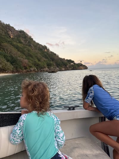 Two young girls are sitting on the edge of a boat, looking out at the ocean. The girl in the foreground has curly blonde hair and is wearing a teal rash guard with a leaf pattern. The girl in the background has long brown hair and is wearing a blue rash guard. The boat is moving on calm water. In the distance, a lush green island with rocky cliffs rises from the sea. The sky above is a pale blue with hints of pink and orange, suggesting it is either dawn or dusk. There is a sandy beach visible on the island. The overall scene depicts a serene moment of observation on the water.