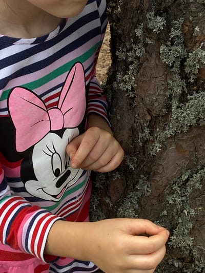 A close-up, waist-up shot shows a young person wearing a long-sleeved shirt with a Minnie Mouse graphic. The shirt features horizontal stripes in pink, navy, green, and red. The person's hands are visible, with the left hand resting on their stomach and the right hand near a tree trunk. The tree trunk, which occupies the right side of the frame, is covered in grey-green lichen. The background is blurred and appears to be a natural outdoor setting, possibly a park or forest. The lighting suggests it is daytime, with natural light illuminating the scene. The location is specified as Baltiiskoe, Russia.