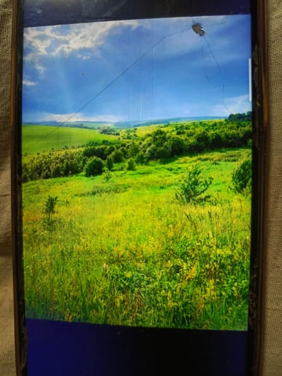 The image displays a landscape scene on a cracked phone screen, depicting rolling green hills under a bright blue sky with scattered clouds. Sunlight streams down, illuminating the verdant terrain which is dotted with trees and shrubs. In the foreground, tall grasses and wildflowers create a textured carpet of green and yellow. The bottom portion of the screen is dark blue, likely representing the phone's interface or a black screen. The overall scene is serene and natural. There is no indication of the city of Svoboda, Russia, or any human activity in the image.