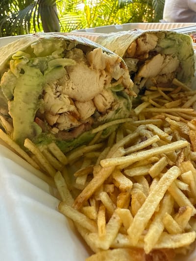 The image shows a close-up of a food item, specifically two halves of a chicken wrap accompanied by french fries, appearing to be inside a white container, perhaps a paper takeout box. The wraps are filled with pieces of cooked chicken and a green sauce or possibly a green vegetable like avocado. The french fries are a golden-yellow color and are piled densely alongside the wraps. The image was taken during daylight hours, judging by the brightness. Outside of the food container, some greenery (likely foliage) can be seen, suggesting the photo might have been taken outdoors. The location is Davie, United States of America.