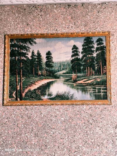 The image displays a framed landscape artwork mounted centrally on a textured wall. The artwork, appearing to be a tapestry or print, depicts a natural outdoor scene. A winding body of water, possibly a river or stream, occupies the midground and foreground, reflecting a light blue, cloudy sky and surrounding foliage. Numerous tall, slender coniferous trees, primarily dark green, line both banks of the water, with grassy areas and visible earthen paths near the shore. Distant forested hills are visible in the background under the expansive sky. The artwork is encased in a rectangular, gold-colored frame featuring an ornate, molded border design. The wall upon which the artwork hangs is covered with a speckled wallpaper, exhibiting a light grey-pink base with irregular white, dark grey, and reddish-brown flecks. A white, decorative crown molding is visible along the top edge of the wall. No people, animals, or active subjects are present. A digital watermark "REDMI Note 13 Pro+ 5G" is present in the lower-left corner, and a timestamp "08-03-2026 15:38" is in the lower-right corner. The scene is located in the city of Pakhtakor, Uzbekistan.