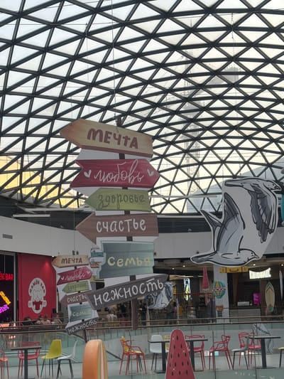 Here's a detailed description of the image:
**General Description:**
The image appears to be taken inside a commercial building in the city of Novoalexandrovka, Russia. The focus is on hanging decorative signage.
**Objects:**
* A large, geometrically patterned glass ceiling.
* Several signs are suspended from the ceiling. Each sign is shaped like an arrow and features a word written in Russian: "МЕЧТА" (Dream), "любовь" (Love), "здоровье" (Health), "счастье" (Happiness), "Семья" (Family), "нежность" (Tenderness).
* A large cartoon drawing of what seems to be a stork or seagull.
* A hanging hot air balloon.
* The signage for a "RAMEN BAR".
* Tables and chairs.
* A large watermelon.
**Environment:**
* The location appears to be a large indoor space, likely a shopping mall or commercial center.
* The area seems to be well-lit with natural light coming through the large glass ceiling.
**Additional Notes:**
The picture seems to be taken from below, looking up at the ceiling and the hanging decorations.