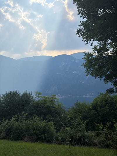 The image captures a natural landscape with a serene lake and mountainous backdrop, located near Abbadia Lariana, Italy. In the foreground, lush green grass and dense foliage of trees and bushes dominate the scene. The middle ground reveals a tranquil body of water, likely Lake Como, with a small settlement visible along its shore. Majestic mountains, shrouded in a hazy, blue atmosphere, rise in the distance. The sky is a mix of soft clouds, with rays of sunlight piercing through, creating a dramatic and ethereal effect. A large tree with dark green leaves frames the right side of the image, adding depth and a sense of being immersed in nature. There are no people or animals visible in the frame, emphasizing the peaceful solitude of the location. The overall impression is one of natural beauty and tranquility.