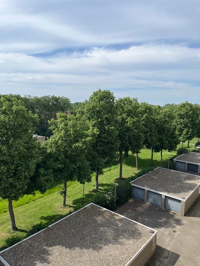 The image shows an elevated view of a residential area in Breda, Netherlands. The scene features a row of garages with speckled roofs, arranged alongside a green lawn. A line of mature trees with dense foliage runs parallel to the garages, casting shadows on the grass. The sky is visible above the trees, with blue patches interspersed with streaks of white clouds. The garages appear to be made of concrete or brick, and some have closed doors. The lawn is well-maintained with visible grass blades. In the background, other buildings and trees are visible, suggesting a typical suburban landscape. The overall impression is one of tranquility and order.