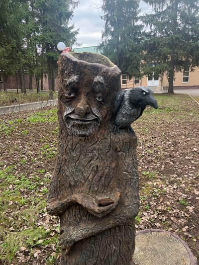 A low-angle, medium shot shows a carved tree stump in a park setting in Sanatoriya Yumatovo Imeni 15-Letiya Bassr, Russia. The stump has a face carved into it and a black bird sits atop its head. A smaller, round stump sits to the right. The ground is covered in fallen leaves and a few small plants. Trees are in the background, along with a building.