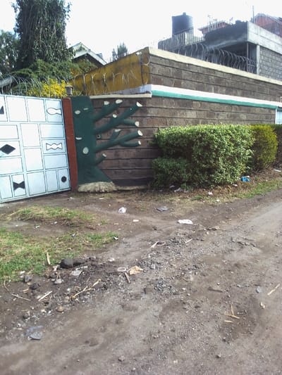 An unpopulated exterior scene in Nakuru East ward, Kenya, depicts an unpaved dirt path with scattered refuse, including plastic fragments and organic debris, leading towards a residential property. The path occupies the foreground, with a patch of sparse grass to the left. A perimeter wall of grey masonry blocks dominates the midground, featuring horizontal painted bands in yellow, white, and teal, topped with coiled razor wire. Adhered to the wall near the entrance is a green and brown decorative relief sculpture resembling a tree trunk with branches. Adjacent to this, a white metal gate with square panels, each containing black geometric patterns (diamonds, bowtie shapes, circles, and fish), stands partially open. A dense green hedge is positioned against the wall to the right of the tree sculpture. In the background, a multi-story residential structure with a flat roof and metal railings is visible above the wall, crowned by a black water storage tank. The sky above is overcast.