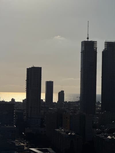 The image depicts a cityscape at dusk, characterized by silhouetted skyscrapers against a hazy sky. The sun, low on the horizon, casts a golden shimmer on the body of water in the background, likely the Mediterranean Sea. Several tall buildings dominate the skyline, with two particularly prominent, dark towers on the right side of the frame, one of which appears to be under construction, indicated by scaffolding and a crane extending from its top. Other buildings of varying heights are visible, some with illuminated windows suggesting occupancy. In the foreground, a denser cluster of buildings recedes into shadow, hinting at a sprawling urban environment. The overall atmosphere is one of an industrial or business district bathed in the fading light of day. The location is identified as the city of Al Jizah, Jordan.