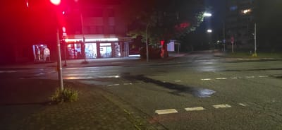 The image depicts a street intersection at night in Seevetal, Germany, illuminated by a traffic light displaying red. The street is wet, suggesting recent rain, and reflects the red light from the traffic signal. On the left side of the intersection, a building with a storefront is visible, displaying signage for "ROHSTOFFE KAFFEE KUCHEN BÖREK & MEHR" and "PIZZA PASTA". A traffic pole with a speed limit sign (30) is also present. In the background, a tall apartment building with illuminated windows is visible, along with streetlights and trees. The road surface has visible white markings, indicating pedestrian crossings and lane divisions. The scene is devoid of any people or vehicles in motion.