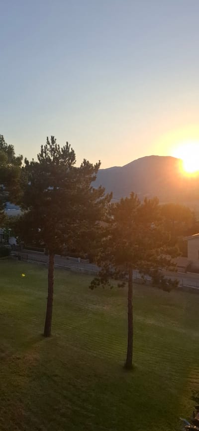 This is a rotated landscape photograph taken during sunset in Camerino, Italy. The sun is low in the sky, casting a warm, golden glow over the scene. A large mountain range dominates the background, silhouetted against the bright sun. In the foreground, two tall, slender trees stand on a grassy lawn. The grass is well-maintained, with visible lines from a lawnmower. A low fence or wall runs along the edge of the lawn, separating it from a paved area and some buildings. The time of day is clearly sunset, indicated by the low angle of the sun and the warm, diffused light. The weather appears clear and calm. The overall mood is peaceful and serene, with the natural beauty of the landscape illuminated by the setting sun. No text is visible in the image.