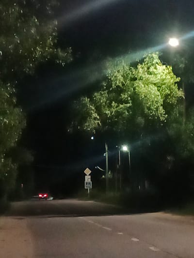 The image depicts a nighttime scene on a road in Savino, Russia. A car with its brake lights illuminated is visible in the distance. Two streetlights illuminate the surrounding trees and road. One street light is on the right side of the image and appears to be a modern LED lamp. The other streetlight is further back and appears to be an older style lamp. The road is paved and marked with white dashed lines. There are traffic signs visible on the right side of the road. The trees on both sides of the road are dark and leafy, with some leaves illuminated by the streetlights. The sky is dark, indicating it is nighttime.