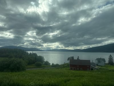 This landscape photo depicts a serene rural scene in Dalsgrenda, Norway, under a dramatic, cloudy sky. The foreground is dominated by lush green grass, with scattered white wildflowers. A dark red barn with white trim and multiple windows stands prominently on the right side of the frame. Adjacent to it, a lighter colored, multi-story house with a gray roof is visible, nestled amidst the greenery.
Beyond the buildings, a dense forest of evergreen trees lines the edge of a large, calm body of water. The water reflects the overcast sky, creating a silvery sheen. In the distance, rolling hills and mountains form the backdrop, their dark silhouettes softened by the atmospheric conditions. A faint glimmer of light breaks through the clouds over the water, suggesting it might be midday, despite the heavy cloud cover. The overall mood is one of peacefulness and natural beauty. No people are visible in the image. There is no visible text.
