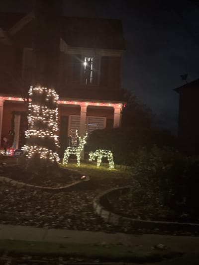 A house is decorated with Christmas lights. Two light-up reindeer stand on the front lawn. A string of lights spells out "CHEER" vertically along the front of the house. The house has columns and red brick, and a window is visible on the second floor. It appears to be nighttime. Bushes and landscaping surround the house and decorations.