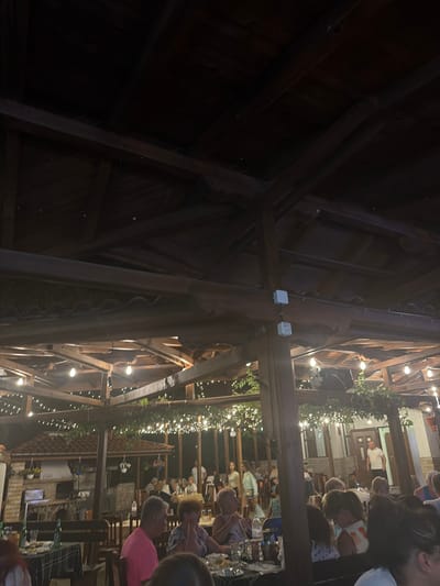 This image depicts a nighttime scene at an outdoor restaurant in Hadzhidimovo, Bulgaria. The restaurant features a wooden roof structure adorned with numerous string lights and hanging lights. Several tables are set up with checkered tablecloths, and patrons are seated, some dining and others conversing. In the background, there appears to be a traditional building with a tiled roof, and an oven or fireplace built with stone. A man in a white shirt is visible standing near an entrance. The atmosphere suggests a gathering or celebration.