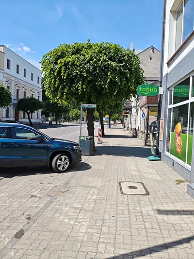 The image depicts a sunlit urban street scene on Wigury Street in Mława, Poland, near building number 43. A dark blue SUV is parked on the left, partially on a paved area adjacent to a wide sidewalk. The sidewalk is constructed from grey interlocking pavers, showing some dirt and scattered leaves, and features a rectangular metal manhole cover on the right side. Numerous mature trees with full green canopies line the street, casting prominent shadows across the sidewalk.
On the right, a commercial building houses a Żabka convenience store, marked by a green illuminated sign and large display windows. One window reflects the "Żabka" logo, while another displays advertisements for a burger and fries. A green A-frame sign stands on the sidewalk in front of the store, and a green cleaning tool is propped against the building. Further down the street, additional storefronts are visible, including one with a poster of a man in a suit, advertising "Brylanty Usługi". In the background, an older, light-colored building with a small, high window is partially obscured by the trees.
On the left, a multi-story building with a light-colored facade exhibits classical architectural details, including decorative cornices and pilasters, and features multiple rectangular windows with dark frames. The street itself is paved and appears empty of active traffic, with white markings visible. A blue street sign indicating "43 Wigury Brylanty" is mounted on a pole near two grey public trash receptacles. A red and white striped barrier is also present near the pole. The sky overhead is clear blue with minimal cloud cover. One indistinct person is visible walking in the far distance on the sidewalk.