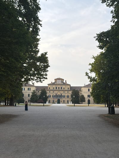 The image depicts the Ducal Palace of Colorno in Parma, Italy, a grand architectural landmark. The palace, with its yellow facade and prominent clock tower, is situated at the end of a wide, tree-lined avenue. Two large trees frame the view, their branches reaching towards the overcast sky. In the foreground, a person stands on the gravel path, facing away from the camera, looking towards the palace. Another person is visible in the distance, walking towards the left. The scene appears to be set in a park or garden, with lampposts and benches dotting the landscape. The overall atmosphere is serene and picturesque.