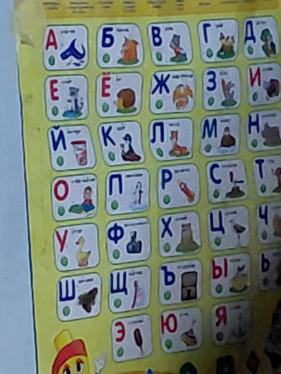 The image is a close-up of a children's learning toy, likely an alphabet chart or a game. The toy features a grid of square buttons, each depicting a Cyrillic letter and a corresponding illustration. The letters are presented in blue, with red outlines on some. The illustrations are simple and cartoonish, featuring animals, objects, and figures that appear to begin with the depicted letter. For example, one button shows a fox next to the letter "F" (Г), another a hare next to "P" (Р), and another a squirrel next to "Zh" (Ж). The overall design is bright and colorful, with a yellow background. The toy is placed on a light blue surface, possibly a table or floor. The lighting suggests an indoor setting, possibly during daytime. There are no people visible in the frame. The image captures a portion of the toy, implying it's part of a larger learning system. There is some tape or adhesive material visible at the bottom left corner, suggesting the toy may be attached to something or has been repaired.