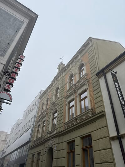 An upward-angle street-level photograph taken on a foggy day in Znojmo, Czechia, depicts a row of buildings along Divišovo náměstí. The sky is a uniform, light grey, indicating heavy overcast conditions and reduced visibility.

The central subject is a four-story building, likely located at or near address 9, exhibiting a decorative, historical architectural style. Its facade is characterized by a muted green-grey lower section with horizontal block detailing, transitioning to a light orange or tan brickwork pattern on the upper floors. The windows are framed in light wood, with the upper-story windows featuring arched tops and decorative stucco moldings and cornices. The building culminates in a central gabled section on its roofline, topped with a weather vane. The ground floor includes a recessed arched entryway and large rectangular windows.

To the left, a simpler, grey-textured building is partially visible, from which a vertical, illuminated sign for "BISTRO 5. RESTAURANT" hangs. The sign features "BISTRO 5." in red letters on a white background, stacked vertically, with "RESTAURANT" in a smaller, semi-circular display below. Further left, a modern white building with multiple vertical window panels is partially visible behind and beyond the grey building.

To the right of the central ornate building, a plain white building is visible, featuring a vertical black banner with the word "BERNARD" printed in white text. No people or active interactions are visible in the scene.