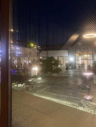 This image, taken at night in Achadara, Abkhazia, depicts an outdoor event or gathering. The scene is viewed through a window, creating a slightly distorted perspective.
In the foreground, a path made of rectangular stone slabs is laid out between areas of white gravel. To the left, a large tree with dark foliage is visible, and to the right, a modern-style light fixture with a circular top emits a soft glow. Beyond the path, a building with large glass windows and doors is illuminated from within.
The building's interior appears to be a venue decorated with numerous strings of small, warm-toned lights that hang like curtains. Inside, several people are visible, some standing and others appearing to be seated. The activity within suggests a social gathering, possibly a celebration or reception.
In front of the building, on the paved area, a few individuals are present. One person in the center right is wearing a light-colored dress, and another person is standing nearby. Further to the left, near the building's entrance, a person in a dark skirt and a light-colored top is walking.
The overall atmosphere is festive, with the ambient light from the interior and the decorative lights creating a warm and inviting ambiance against the dark night sky. The architecture of the building suggests a contemporary design, possibly a restaurant, event hall, or a modern home.