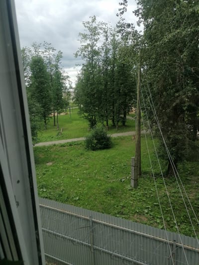 The image depicts a view from a window looking out onto a green park area with trees and a path. In the foreground, there is a metal fence with barbed wire. Beyond the fence, there is a grassy area with several mature trees. A path runs through the park, and in the distance, there appears to be a playground with swings and other equipment, as well as a few buildings. A wooden utility pole with wires is visible on the right side of the image. The sky is overcast. The location is the city of Komsomolsky, Russia.