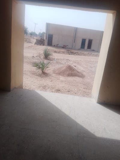 The image displays an exterior view framed by a light-colored doorway, observed from an interior space in Kanwa, Nigeria. The immediate foreground consists of a light-gray tiled floor with faint concentric circular markings, partially obscured by a rectangular shadow originating from the right. Outside the doorway, the ground is composed of dry, light-brown earth with sparse dry vegetation. Two small, bushy green plants are situated in the foreground dirt, with a conical pile of reddish-brown sand or fine dirt positioned centrally. To the left, a stack of concrete blocks is visible. In the background, a light-colored, single-story building with a flat roofline is prominent. This building features three dark-colored doors: one on its left faรงade and two side-by-side on its right faรงade. Two goats, one lighter brown and one darker, are standing near the left door of the building. A utility pole with overhead lines is visible in the far-left background. The distant horizon features sparse dry trees beneath a hazy, pale-blue sky. No human subjects are present in the scene.