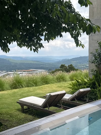 The image depicts a serene outdoor setting with a swimming pool in the foreground and a lush, hilly landscape in the background. Two empty wooden lounge chairs with white cushions are positioned on a manicured green lawn, facing the panoramic view. Tall, feathery grasses and other green foliage flank the lawn, creating a sense of depth and natural beauty. In the distance, a sprawling complex of greenhouses or similar agricultural structures is visible, nestled amongst rolling hills. The sky is overcast with scattered clouds, suggesting a temperate climate. The overall impression is one of tranquility and relaxation, with the natural beauty of the Vietnamese countryside providing a stunning backdrop. This scene is consistent with the agricultural and scenic beauty found in areas like Đa Lộc, Vietnam, known for its rolling hills, farms, and greenhouses.