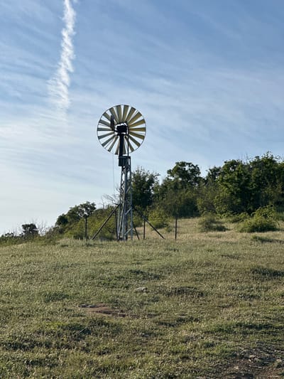 A rural landscape photograph depicts a windmill against a backdrop of a lightly clouded sky and a grassy field meeting a line of trees. The windmill, constructed of metal, features a bladed fan and a supporting structure anchored in the ground. The field is covered with dry grass, transitioning to denser vegetation and trees in the background. The sky is light blue with wispy clouds stretching across the frame. The image lacks specific contextual clues to conclusively place it in Emona, Bulgaria, but the rural scene with a windmill is consistent with such areas. There are no people visible, and the focus is on the windmill and the surrounding natural environment.