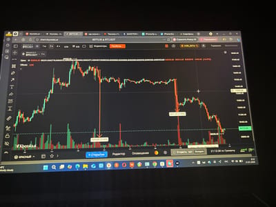 The image displays a computer screen showing a cryptocurrency trading chart, specifically for BTC/USDT. The price is displayed as 89772.50. The chart indicates a recent significant drop, with marked declines of 7.62% and 3.85% at various points. Red and green bars below the chart indicate trading volume. The taskbar shows several open applications and indicates the date as January 21, 2026.