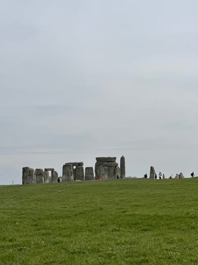 The scene depicts Stonehenge, a prehistoric monument located in Amesbury, Wiltshire, United Kingdom. The monument consists of multiple weathered grey sarsen stones, including uprights and horizontal lintels forming trilithons, arranged in a circular pattern. It is situated on an expansive, gently sloping green grassy plain, with scattered small yellow wildflowers visible in the foreground. An overcast, light grey sky occupies the upper two-thirds of the image. Numerous individuals, identified as visitors, are distributed on the grass around the perimeter of the stone structures, observing the monument. Some individuals are standing, while others appear to be walking. A metallic pylon is faintly visible on the distant horizon to the far left.