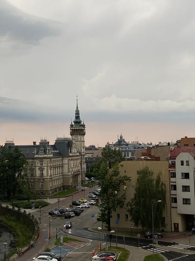 The image captures a panoramic view of a European city, likely in Poland, given the location context of Bielsko-Biala. The scene is dominated by a mix of historical and modern architecture, with a prominent church tower featuring a green spire and clock face. Buildings are clustered together, displaying a variety of facades, from older stone structures to more contemporary ones with lighter colors. Green trees and foliage are interspersed throughout the urban landscape, suggesting a well-maintained city with park areas.
A street with parked cars and a pedestrian crossing is visible in the foreground, indicating a busy urban environment. Several vehicles, including sedans and SUVs, are parked along the street and in designated parking areas. The presence of streetlights and a traffic signal suggests it is daytime, although the overcast sky indicates the possibility of rain or a cloudy day. The lighting is soft and diffused, contributing to a slightly muted color palette.
There are a few individuals visible in the scene, appearing as small figures walking along the street or sitting near the waterfront. Their presence adds a sense of scale and life to the urban setting. The overall atmosphere of the image is one of everyday urban life, with a blend of historical charm and modern functionality. The juxtaposition of the old church tower against the backdrop of other buildings and a river or canal adds a picturesque quality to the view.