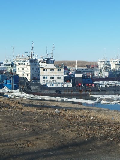 The image depicts a cluster of docked ships, including tugboats, at what appears to be a port area. Ice floes are visible in the water around the ships, suggesting a cold climate or time of year. The landscape consists of unpaved terrain with scattered debris and vegetation in the foreground. The sky is clear and blue. Text on the ships identifies at least one as "М. ЛОБАНОВ" and "АЛЕКСАНДР ЕРШОВ" with the name "АЛЕКСА" also visible. The location is identified as the city of Zhatay, Russia, based on the presence of Cyrillic script and likely environmental conditions. There are no visible people.