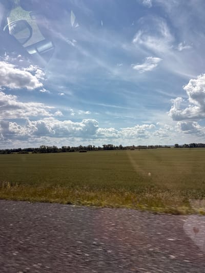 The image shows a view from inside a vehicle, looking out at a rural landscape in the daytime. The scene is dominated by a wide expanse of sky filled with various types of clouds, ranging from wispy cirrus to large cumulus formations. The sky is a bright blue, suggesting fair weather.
To the right of the sky, a green field stretches out, lined by a dense row of trees in the distance. The field appears to be agricultural land, possibly a meadow or a crop field. A portion of the road is visible on the far right of the image, showing a textured, dark surface, likely asphalt. The perspective suggests the vehicle is moving along this road, creating a slight motion blur.
Reflections are visible on the vehicle's window, including parts of the car's interior such as a side mirror and dashboard elements. These reflections are superimposed on the landscape, adding a layer of visual complexity. The time of day appears to be late morning or afternoon, given the brightness of the sunlight and the angle of shadows, though no specific shadows are clearly discernible. The overall impression is one of travel through a serene, open countryside. No text is visible in the image.
