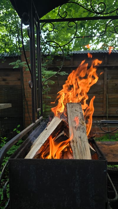 The image depicts a close-up view of a barbecue grill with burning logs in Il'inskiy, Russia. The grill, made of dark metal, contains several pieces of firewood actively ablaze with bright orange flames and wisps of smoke. The grill is situated outdoors, surrounded by lush green foliage. In the background, a wooden fence and a brick structure are visible, partially obscured by trees with dense green leaves. The overall scene suggests a warm, outdoor gathering or preparation for a meal.