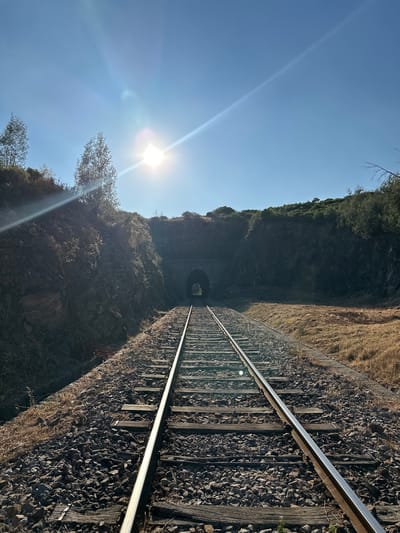 This is a straight-on, eye-level, medium shot of a set of railway tracks leading towards a tunnel entrance. The sun is shining brightly in the upper left quadrant of the sky, casting lens flares across the image. The tracks are made of metal rails and wooden sleepers, laid on a bed of gravel. The tracks are flanked by dry, grassy terrain on the right and a steep, rocky embankment covered in vegetation on the left. The tunnel entrance is visible in the distance, a dark, arched opening set into a hillside covered with trees and bushes. The sky is clear and blue. The image was taken outdoors on a sunny day. The location appears to be rural.
