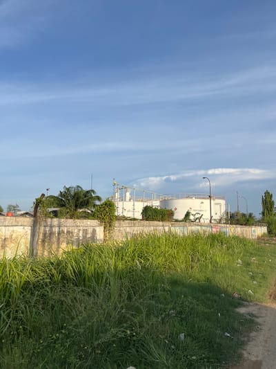 The image depicts an industrial scene in Alurcucur, Indonesia, under a clear blue sky with scattered white clouds. In the background, large white storage tanks with the "PERTAMINA EP" logo are visible, indicating an oil and gas facility. These tanks are surrounded by pipes and infrastructure, suggesting ongoing operations. In the midground, a weathered concrete wall runs horizontally across the frame, overgrown with lush green vegetation, including palm trees and vines. The wall is marked with graffiti in various colors. In the foreground, a dense patch of tall, green grass and weeds covers the ground, with some scattered debris visible on the right side. A dirt path can be seen to the far right, leading into the scene. The overall impression is one of an industrial area juxtaposed with untamed natural growth, possibly indicating a neglected or transitioning zone within the city.