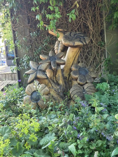 The image shows a wooden sculpture resembling a collection of mushrooms and flowers, set against a backdrop of dense vines and greenery. The sculpture is carved from a log, with various elements emanating from it. One mushroom-shaped element is positioned at the top right, with a swirling pattern on its cap. Below this, a stylized flower with five petals is visible, and further down, another flower with more rounded petals. A third, larger flower sits at the bottom left of the sculpture, also with rounded petals. The wood appears weathered, with dark accents highlighting the carved details.
The sculpture is surrounded by lush foliage, including broad-leaved plants with patterned undersides and smaller plants with delicate purple and white flowers. A wooden deck is partially visible on the left side of the image, suggesting an outdoor setting. The environment is overgrown, with branches and leaves creating a naturalistic ambiance. The lighting suggests it is daytime, with dappled light filtering through the leaves.
This scene is located in the city of Sanem, Luxembourg, specifically in a garden area or public space. There are no people visible in the image, and no specific actions or interactions are depicted. The focus is entirely on the natural elements and the wooden sculpture.