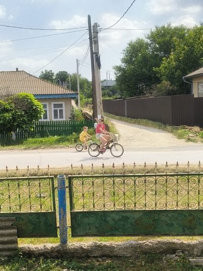 The image shows two children riding bicycles on a paved road. A girl with glasses wearing a pink shirt and light-colored shorts is on the right, riding a dark-colored bicycle. A younger boy in a yellow t-shirt and shorts is on a smaller, light-colored bicycle to her left. Both children appear to be enjoying themselves.
The scene is set in a rural or suburban area. On the left side of the road, there is a house with a tiled roof and a green fence. A large, leafy tree is planted in front of the house. On the right side of the road, there is a tall metal fence. Beyond the fence, a dirt path leads uphill. In the background, there are more trees and houses. A utility pole with many wires is prominent in the middle of the image, suggesting the presence of infrastructure.
The time of day appears to be daytime, with bright sunlight and some clouds in the sky, indicating fair weather. The overall atmosphere is peaceful and idyllic, capturing a moment of childhood activity in a tranquil setting. There is no visible text in the image.