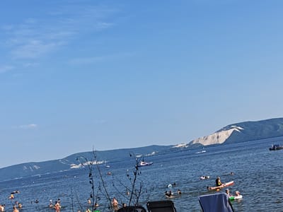 The image depicts a bright, sunny day at a beach along a wide body of water, likely a river or large lake, with a prominent, tree-covered mountain range in the background. The water is a deep blue, and many people are visible swimming and relaxing.
In the foreground, there are several people partially submerged in the water. Some are swimming, while others are floating on inflatable devices like tubes and a paddleboard. One person is on a paddleboard wearing a yellow life vest and a hat, actively paddling. Another person is on an inflatable ring, and a child is sitting in it. A beach chair, partially visible in the lower right corner, suggests a beach setting. There are also dark, spindly branches of vegetation in the lower portion of the frame, obscuring some of the view.
In the mid-ground, the water is dotted with numerous individuals enjoying various water activities. Small boats are scattered across the water, including a white and blue motorboat in the mid-left and another boat further in the distance to the right. A tall, slender tower or pylon is visible on the left side of the mountain range in the distance.
The background features a large, undulating mountain range. The upper portions of the mountains appear barren and light-colored, contrasting with the densely forested lower slopes. The sky is a clear, vibrant blue with a few wispy white clouds, suggesting fair weather. The overall scene conveys a lively atmosphere of a summer day spent at a popular recreational spot.
The location is identified as being in the city of Primorsky, Russia, which is known for its scenic riverside beaches and proximity to natural landscapes, consistent with the depicted environment.