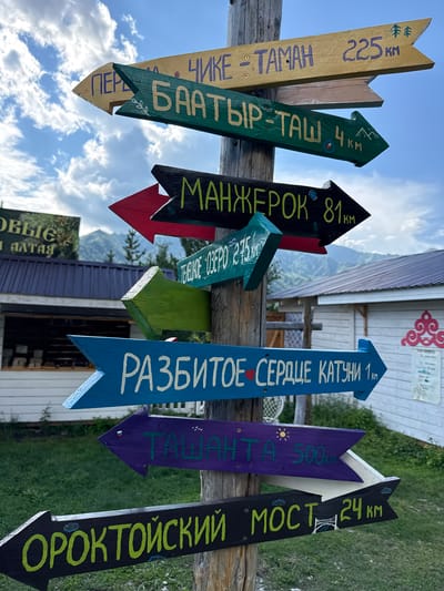 The image shows a wooden signpost with multiple directional arrows in the city of Chemal, Russia. The signpost is made of a rough-hewn wooden post with several hand-painted wooden arrows attached. Each arrow points in a different direction and has text written on it, indicating destinations and distances in kilometers.

The topmost arrow is yellow and points to the right, with the text "ЧИКЕ-ТАМАН 225 км" and two small tree symbols. Below that is a tan arrow, partially obscured. The next arrow is dark green, pointing left, and reads "ПЕРЕ - БААТЫР-ТАШ 4 км". This arrow also has a small mountain symbol and a red and white circular marker. Below this is a black arrow pointing right, with the text "МАНЖЕРОК 81 км". A red arrow points left from behind this black arrow, with no visible text.

Further down, a teal arrow points left, reading "ТЕЛИЦКОЕ ОЗЕРО 275 км". A bright green arrow is below it, pointing left, with no visible text. The next arrow is bright blue, pointing right, and states "РАЗБИТОЕ СЕРДЦЕ КАТУНИ 1 км". A red heart symbol is painted next to "СЕРДЦЕ".

The second to last arrow is purple, pointing left, with the text "ТАШАНТА 500 км" and a sun symbol. The bottommost arrow is black, pointing right, and reads "ОРОКТОЙСКИЙ МОСТ 24 км". This arrow has small cloud symbols and a drawing of a bridge.

The signpost is situated outdoors, with a cloudy blue sky in the background. In the mid-ground, there is a building with a dark roof and white walls, with some signage visible on the left that reads "ОБЫСIE" and "НА АЛТАЯ". Further to the right, another white building with decorative red elements is visible. The ground is covered with green grass and some patchy vegetation. The overall scene suggests a tourist or recreational area.