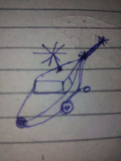 The image shows a child's drawing of a helicopter on lined paper. The helicopter is drawn in blue ink and has a rotor, a cockpit, and a tail. There are no people or other objects in the drawing. The drawing appears to be on a page from a notebook, with horizontal lines visible throughout the image. The background is a light gray, with some slight texture visible, suggesting it is paper. There is no information in the image that relates to the city of Haveli Jhangranwali, Pakistan.